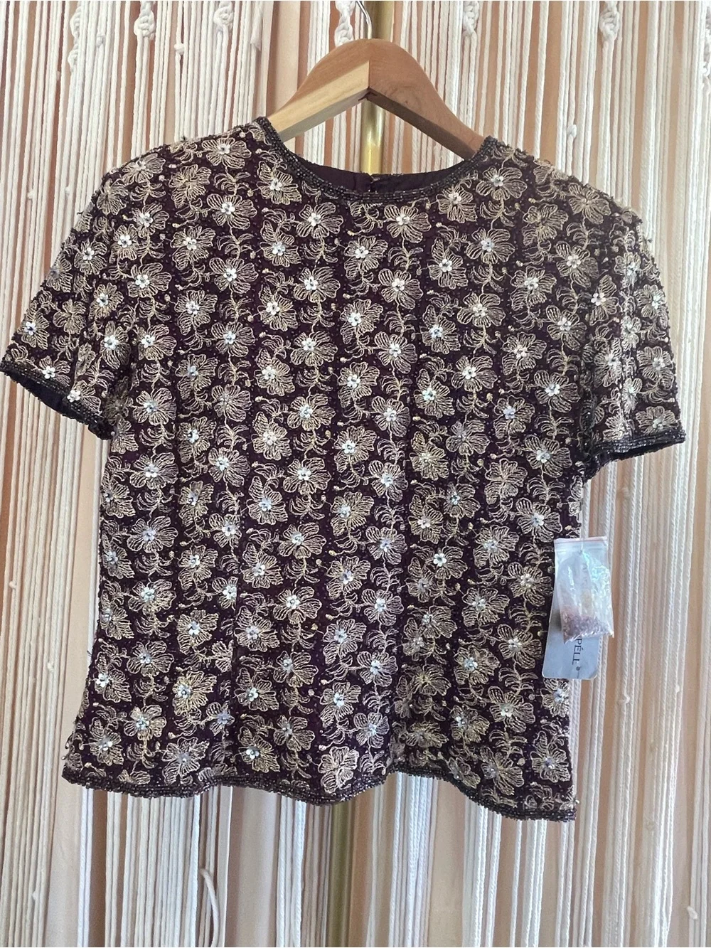 NWT vintage Adrianna Papell beaded silk short-sleeve floral top burgundy gold